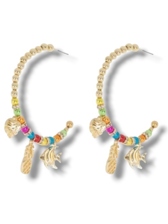 BaubleBar Jewelry - Baublebar Beaded Tropical Gold Tone Hoop Earrings Summer Fish Pineapple Charms